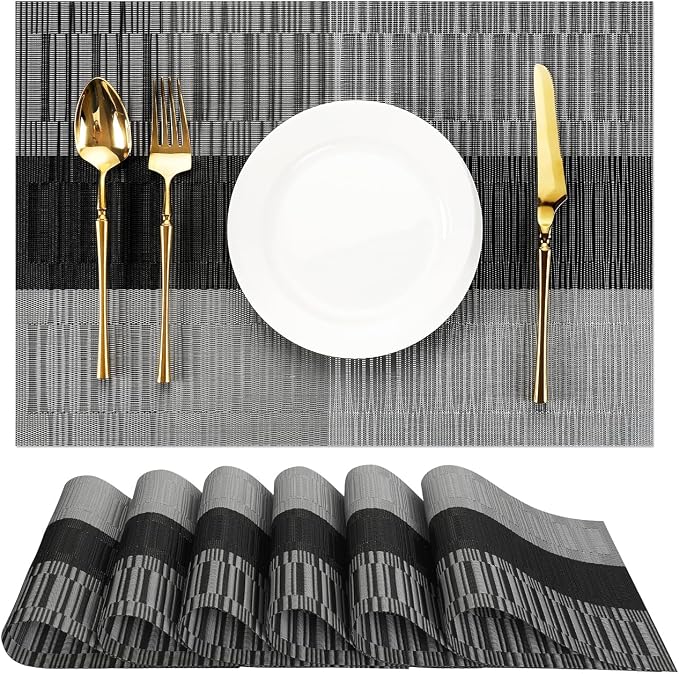 Placemats Set of 6, Vinyl Woven Heat-Resistant Place Mats | Washable Wipeable PVC Table Mats, Non Slip Placemat for Kitchen Dining Indoor Outdoor Table (Gray Black, Set of 6)