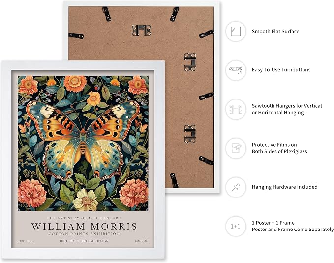Poster Master William Morris Poster - Butterfly Print - Botanical Art - Flower Art - Exhibition Artwork - Animal Creation - Floral Piece - Aesthetic Illustration - Office or Living Room Decor - 16x20 White Framed