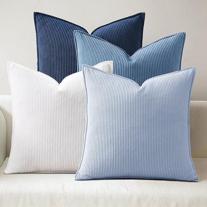 Pack of 4 Throw Pillow Covers Corduroy 20x20 Inch,Blue | Decorative Velvet Couch,Summer Cases Square,Farmhouse Boho Cushion Covers for Sofa Bed Living Room Home Decor & Office