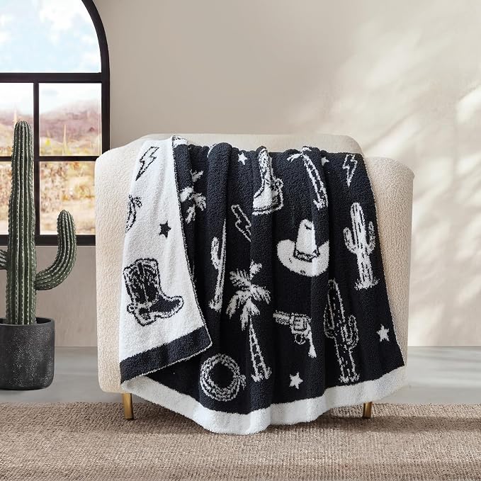 Snuggle Sac Western Throw Blanket for Couch Bed Sofa 50x60 inches, Reversible Black Cowgirl Blanket Ultra Soft Cozy Blankets for Women Mothers Birthday Gifts