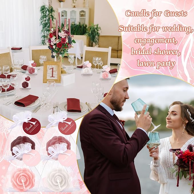 Treela 50 Set Rose Flower Candles, Burgundy Wedding Favors for Guests