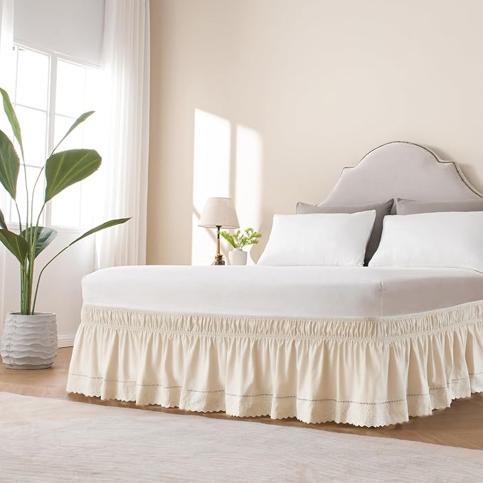 MIYE Wrap Around Ruffled Lace Bed Skirt, Elastic Dust Ruffle with Adjustable Belts, Easy to Put On, Bed Frame Cover, Machine Washable (Embroidered/Light Beige, King/Queen-18 Drop)