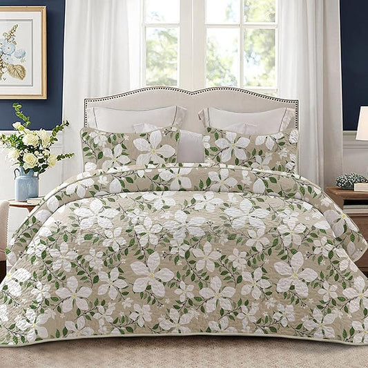 Whale Flotilla Patchwork Quilt King Size, Extra Soft Floral Leaf Bedspreads | Reversible Lightweight King Quilt Bedding Set for Bed, White Bone Printed Coverlets with 2 Pillow Shams for All Seasons
