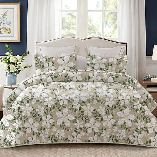 Whale Flotilla California King Size Quilt Set, Soft Floral Leaf Bedspreads | Reversible Lightweight Oversized Quilt Bedding Set for Bed, White Bone Printed Coverlets with 2 Pillow Shams for All Seasons