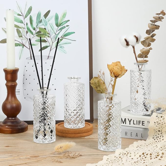 ComSaf Small Glass Bud Vases in Bulk, 6 Pack for Centerpieces, Clear | Diamond Embossed Design, Mini Flower Display, Vintage Decor, Home Accent, Table Decor, Wedding Reception, Housewarming Gift