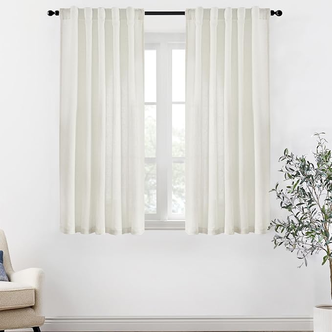 XTMYI 54 Inch Length Sheer Curtains 2 Panels Set for Bathroom,Linen Cotton Semi Privacy Boho Short Curtains for Kitchen Window Bedroom Living Room,40x54 in Long,Cream Ivory Off White