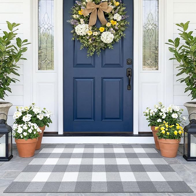 KOZYFLY Buffalo Plaid Area Rugs 2.3x3.6 Ft Grey and White Door Rug | Washable Front Door Mat, Woven Cotton Indoor Outdoor Rug, Checkered Doormat for Front Porch Kitchen Entryway Patio Farmhouse