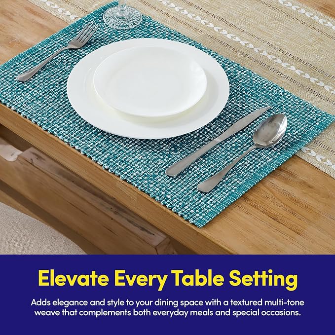 Sweet Home Collection 100% Cotton Placemats for Dining Room Rectangle Two Tone Woven Fabric 13" x 19" Soft Durable Table Mat Set, Set of 4, Turquoise