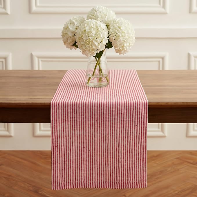 Solino Home 100% Pure Linen Table Runner, 14 x 90 in, Red and White Striped | Narrow Stripe, dresses up dining tables for everyday meals, woven stripe, European flax fibres, soft, OEKO-TEX Certified