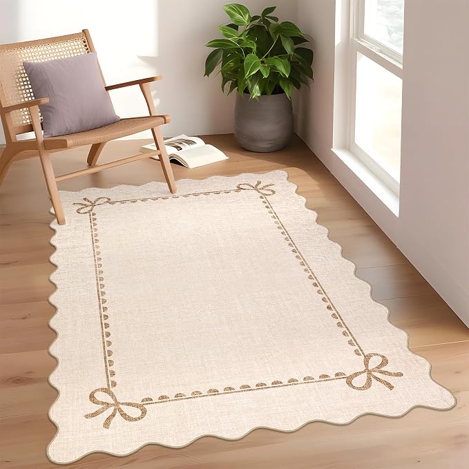 COZYLOOM Machine Washable Area Rugs 4x6 Scalloped Rug for Kids Room Non Slip Non Shedding Bow Bordered Carpet Stain Resistant Low Pile Soft Farmhouse Mats for Living Room, Bedroom, Dining Room, Beige