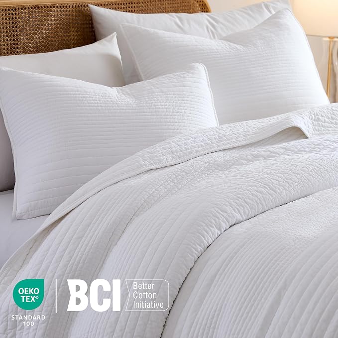 palassio Striped White 100% Cotton Quilt Twin Size Bedding Sets, Lightweight Crinkly Channel Pick Stitch Textured Bedspread Soft Shabby Chic Farmhouse Country Coverlet for All Season, 1 Sham