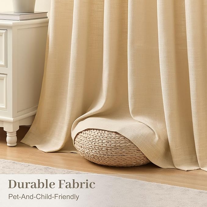 Pinch Pleated Linen Blend Light Filtering Sheer Curtains for Living Room | Sliding Door, Semi Sheer, Pinch Pleat, Hook Rings, Non See Through, Extra Wide, Large Window, 60Wx102L, Sand Beige, 1 Panel