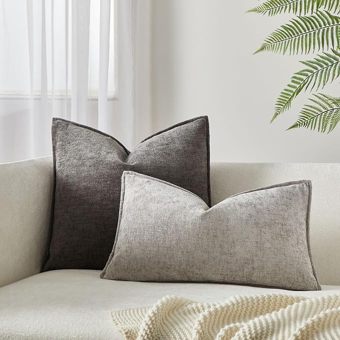 JUSPURBET Grey Chenille Lumbar Throw Pillow Covers 16x24 inch Set of 2 Decorative Soft Textured Cushion Cases for Living Room Sofa Couch Bed Solid Home Decor Broadside Pillowcases