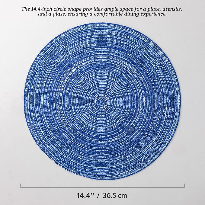 BARoyal Round Placemats Set of 6 Woven Placemats Washable Braided Table Mats for Dining Table Heat Resistant Non-Slip Circle Place Mats(Royal Blue)
