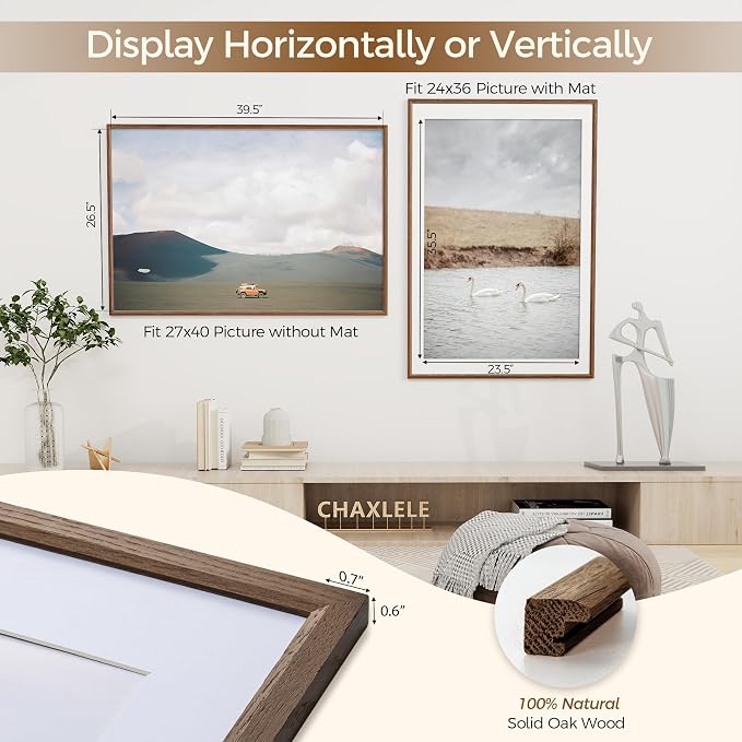 Fun Memories 27x40 Poster Frame, Solid Oak Wood Picture Frames, Modern Photo Frame for Wall 27x40 with 24x36 Mat, High Definition Plexiglass & Wall Hook Included (Walnut, 1 Pack)