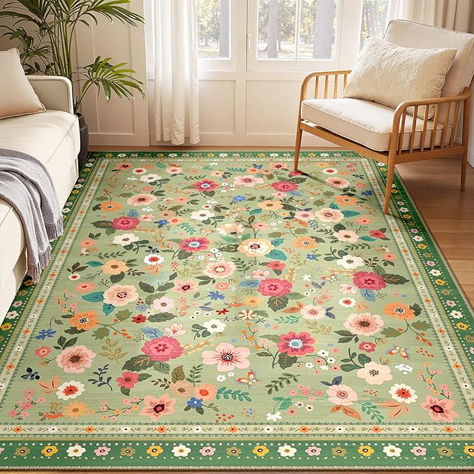 Washable Floral Area Rug for Living Room 5x7 Light Green | Non-Slip，Vacuum-Friendly, Low Pile, Flower Carpet for Bedroom Kitchen Entryway Dining Room Office Nursery