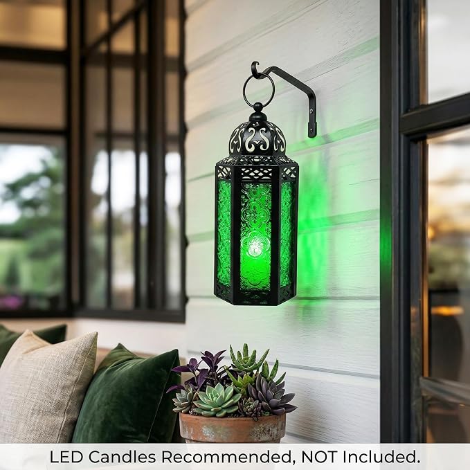 Vela Lanterns Decorative Indoor Moroccan Candle Holder, Green, M | Emerald Green Glass Decor, Ramadan Lantern, Turkish Votive Pillar Lamp, Whimsigoth Witch Tealight Holder, 10.5in Tall