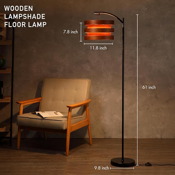 O’Bright Strata Wooden Floor Lamp - Mid Century Modern Standing Lamp with Layered Wood Shade, Tall Reading Lamp for Living Room, Bedroom, Office, Black, Dark Oak, Horizon Shade