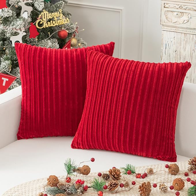 Kevin Textile Striped Corduroy 18”x18” Pillow Covers 2 Pack, Burgundy