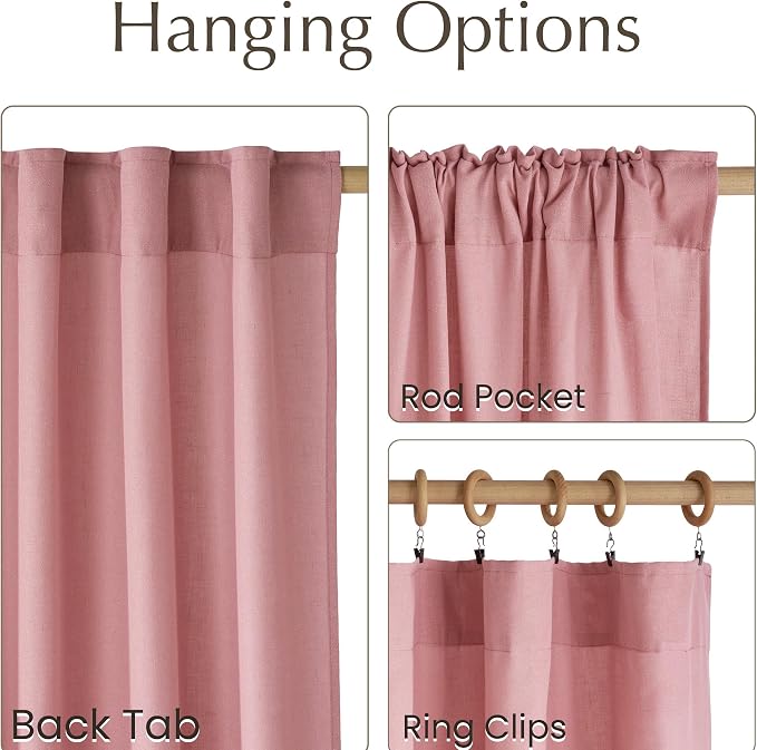 NICETOWN Thick Pink Sheer Curtains 96 inches Long for Girls Room, Rod Pocket & Back Tab Flax Linen Burlap Window Treatments Privacy Assured with Light Filtering for Bedroom, W55 x L96, 2 Panels