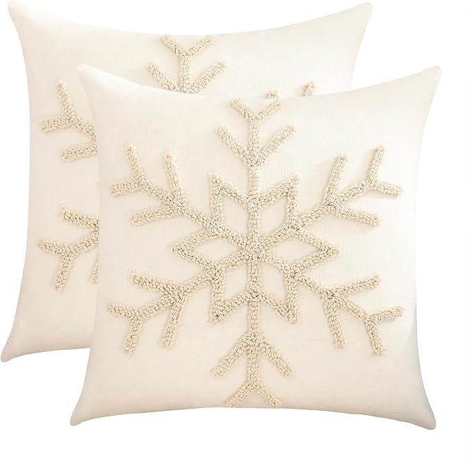 Christmas Throw Pillow Covers 18x18 Set of 2 Beige Xmas Snowflake