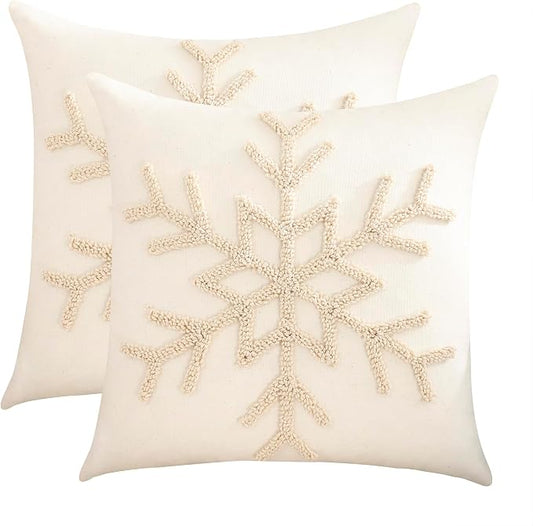 Christmas Throw Pillow Covers 18x18 Set of 2 Beige Xmas Snowflake