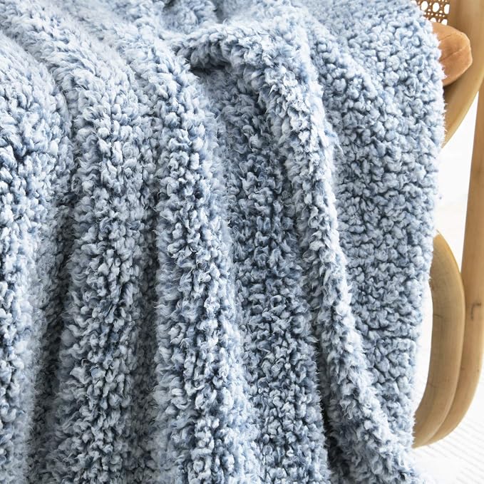 Ultra Soft Cozy Sherpa Throw Blanket, Light Weight Warm Decorative Throw Blanket with Tassel, 2 Tones Ombre Navy Blue Pattern Reversible Boho Style Blanket for Sofa, Couch, Bedroom,Travel, 60”x80”