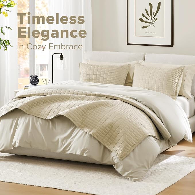Comfort Spaces Kienna Queen Quilt Bedding Set 3 Piece, 90"x90" Ivory | Soft Cozy Lightweight Summer Coverlet Full Size, Quilted Bedspreads Extra Layer, Modern Casual Bedroom Decor, OEKO-TEX