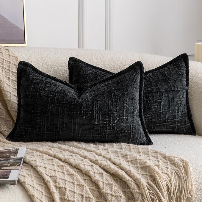 MADIZZ Pack of 2 Chenille Throw Pillow Covers 12x20 Inch Black Soft Neutral Decorative Throw Pillows for Couch Sofa Boho Accent Cushion Covers Modern Farmhouse Home Decor for Bedroom Living Room