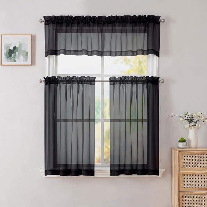 Simplebrand Black Valances 14 Inches Long for Living Room Pocket 2 Panel Light Filtering Sheer Translucent Valence Toppers for Window Kitchen Bathroom Bedroom 42x14 Inch Length