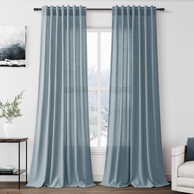 Light Blue Linen Curtains for Living Room Bedroom 100 Inches Long Back Tab Rod Pocket Light Filtering Drapes for Protect Privacy Curtain Modern Farmhouse Decor 2 Panels Set 52x100