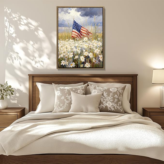American Flag Framed Canvas Wall Art, 4th of July Patriotic Canvas Prints | Wildflower Landscape Poster Print, Vintage Rustic Independence Day Wall Decor for Bedroom Living Room Office 16×20in