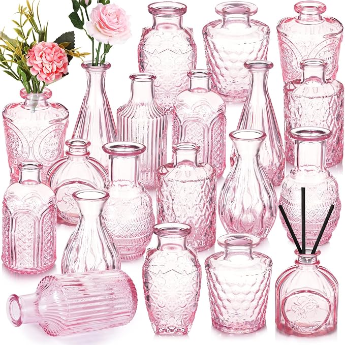 Inbagi 20 Pcs Glass Bud Vase Set - Pink Small Flower Vases Bulk, Vintage Embossed Decorative Bottles for Wedding Valentine Home Table Centerpieces Decor