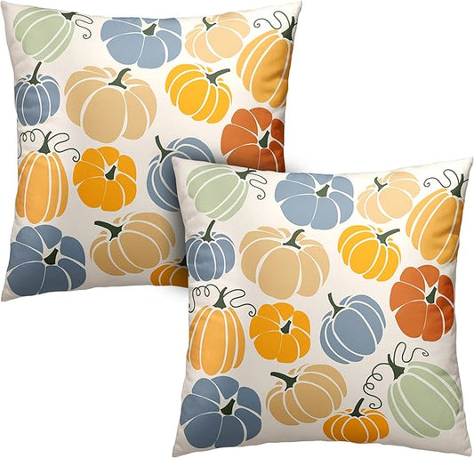 Set of 2 Orange Yellow Blue Pumpkins Pillow Covers Fall Throw Pillow Covers 22x22 Colorful Autumn Outdoor Pillow Case Cotton Blend Cushion Case for Couch Patio Bed Car