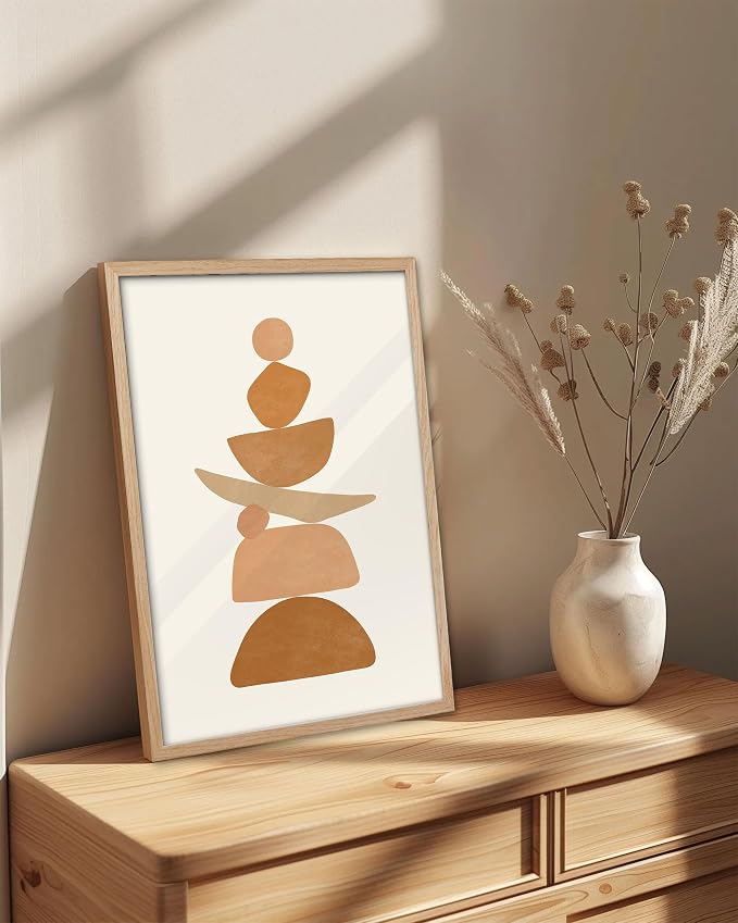 KensTro 12x16 Oak Framed Beige Boho Christian Abstract Wall Art | Natural Oak Wood Frame with Earth-Tone Stacked Shapes, Minimalist Faith-Inspired Decor for Living Room, Bedroom or Office