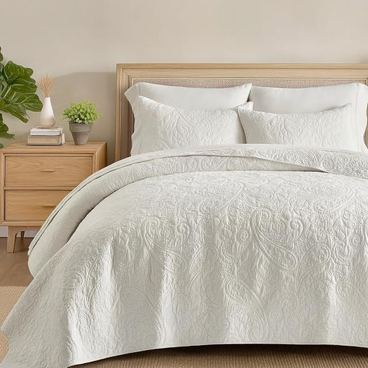 EVERGRACEHOME 100% Cotton Paisley Quilt Set, King Size, Bright White | Prewashed for Softness, Year-Round Breathability, Gift-Ready Box, Matelasse-style Quilted Coverlet, 3 Piece Set with 2 Shams