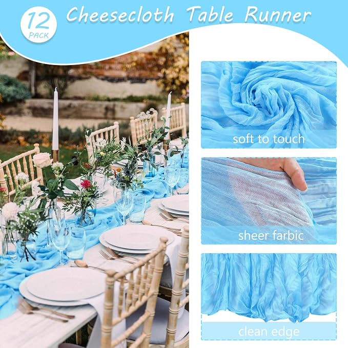12 Pack 10Ft Cheesecloth Table Runner 35x120 Inch Boho Gauze Table Runner Rustic Cheese Cloth Long Romantic Table Runners for Wedding Bridal Shower Birthday Party Table Decor (Baby Blue)