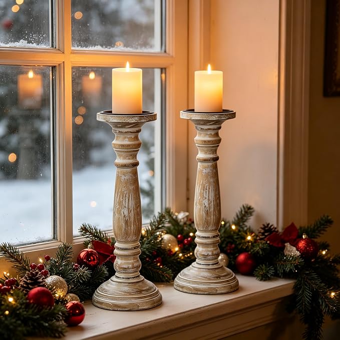 Hosley's 12 Inch High Wood Pillar Distress Finish Candleholder. Ideal Gift for Wedding, Party, Home, Spa, Reiki, Aromatherapy, Votive Candle Gardens O3