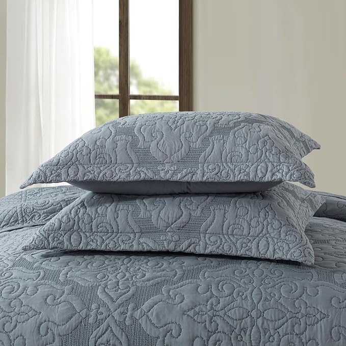 NEWLAKE Reversible Quilt Bedspread Embroidered Microfiber Coverlet Set,Jacquard Embossed Floral,Grey, King Size