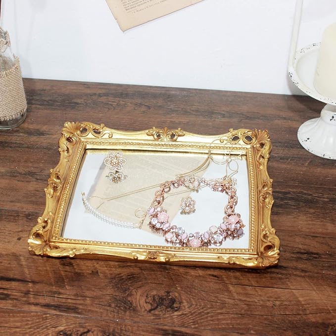 Funerom Vintage 11 x 9.5 inch Decorative Mirror, Wall Mounted & Tabletop Makeup Mirror ，Square Antique Gold | Wall Mounted & Tabletop Makeup Mirror