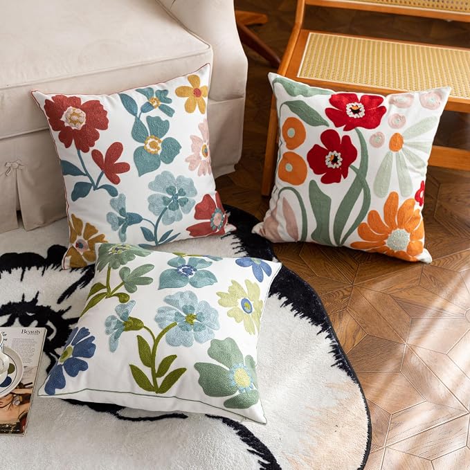 YIcabinet Pack of 2 Throw Pillow Covers,Flower Embroidery Pillow Case Soft Square Decorative Pillowcases for Home Sofa Couch 18x18 Inch