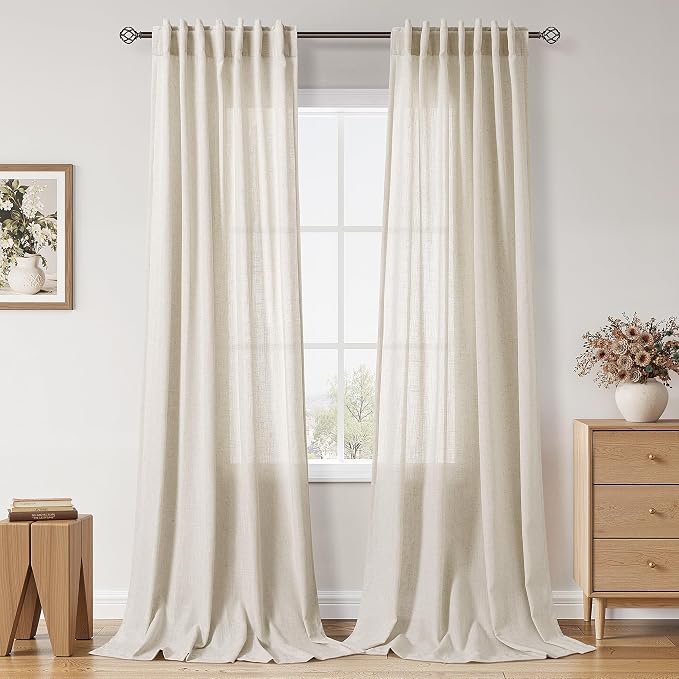 Extra Long Warm Beige Linen Curtains 120 Inch for Living Room 2 Panels Set Rod Pocket Back Tab Light Filtering Semi Sheer Linen Window Drapes Privacy High Ceiling Drapes for Farmhouse 52x120