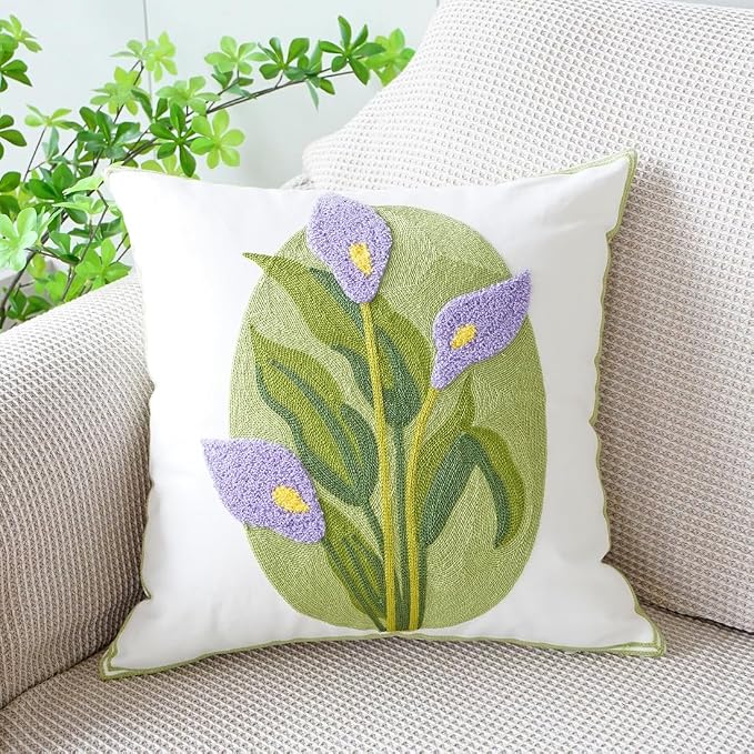 vctops Farmhouse Calla Lily Cotton Tufted Throw Pillow Cover Spring Floral Embroidery Pillowcase Soft Square Cushion Case for Sofa Couch Bed Chair (Purple C,18"x18")