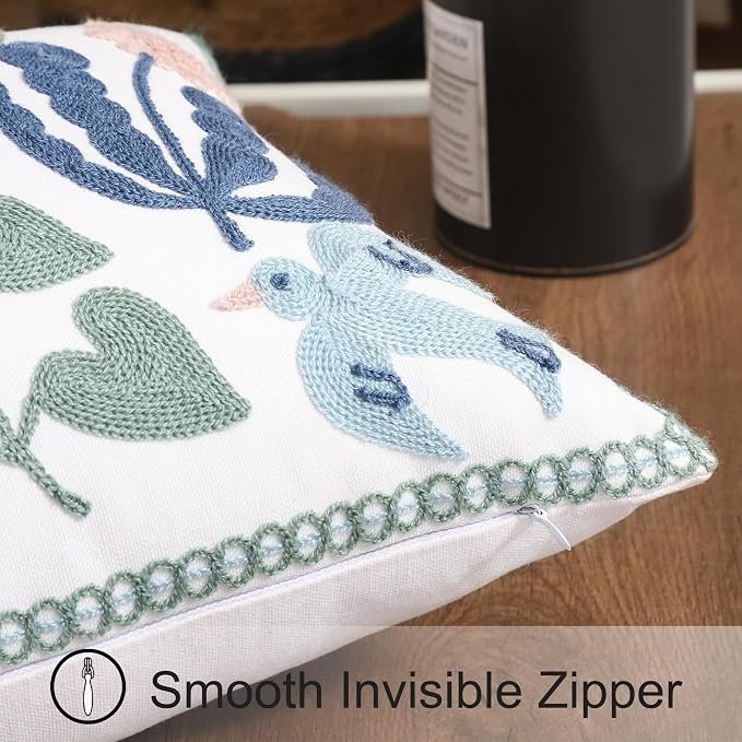 Embroidered Throw Pillow Covers 12x20 inch Set of 2 Blue Birds | Durable Fabric,Lumbar Pillow Cover,Boho Decorative,Hidden Zipper,Aesthetic Design,Ideal Gift,Machine Washable