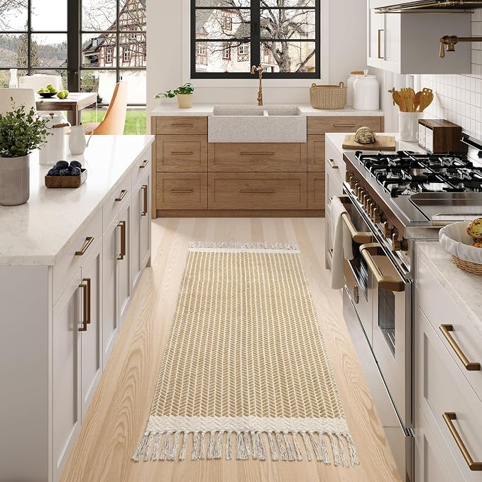 Lahome Boho Kitchen Runner Rug, 2x4.3 Washable Rugs for Bathroom Entryway | Woven Cotton Throw Mat with Tassels, Farmhouse Non Shedding Lightweight Low Pile Carpet for Bath Bedroom Doorway, Khaki