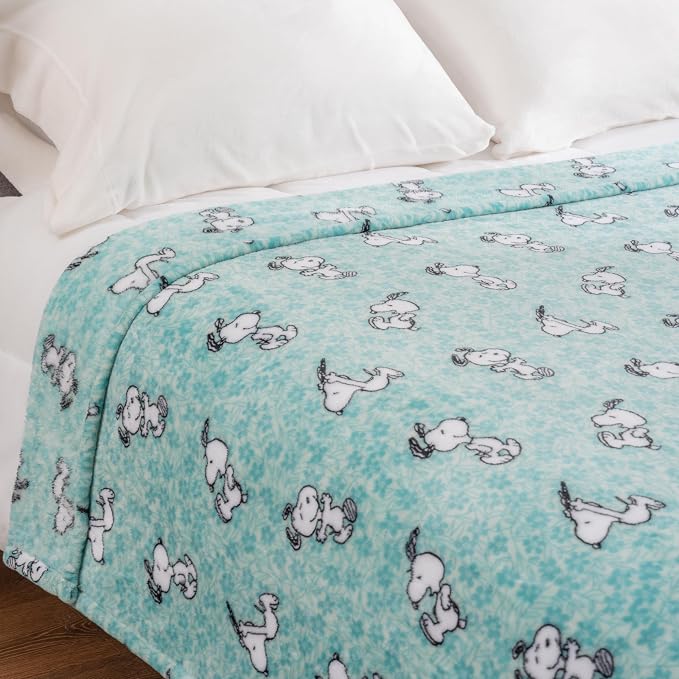 Berkshire Blanket Peanuts® VelvetLoft® Cute Character Snoopy Plush Blanket,Snoopy Springtime Floral Dance Large Blue,Twin 60 in x 90 in (Official Peanuts® Product)