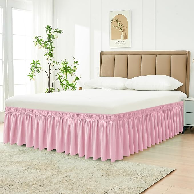 Wrap Around Queen Size Bed Skirt 15 Inch Drop-Elastic Dust Ruffle Pink | Adjustable Pleated Bedskirt-Easy Fit Wrinkle Resistant Washable Hotel Quality Fabric Bed Skirting-Master Guest Bedroom Rental