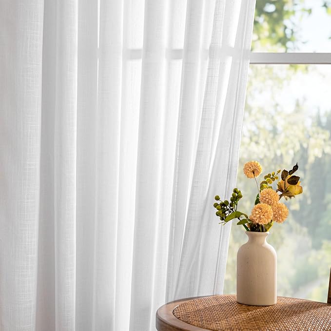 MYSKY HOME Patio White Sheer Curtains for Sliding Door 90 inch Length 2 Panels Set, Light Filtering Living Room Curtains & Drapes Soft Farmhouse Window Treatments Semi Sheer Draperies, 50" W x 90" L