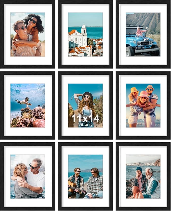 Vittanly 11x14 Picture Frames Set of 9 for Wall Mounting, Black | Display Pictures 8x10 with Mat or 11x14 without Mat, Engineered Wood with Shatter Resistant Plexiglass, Gallery Photo Frames