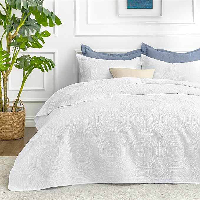 Love's cabin Quilts for Queen Bed White Bedspreads - Soft Bed Summer Quilt Lightweight Microfiber Bedspread- Modern Style Coin Pattern Coverlet for All Season - 3 Piece (1 Quilt, 2 Pillow Shams)